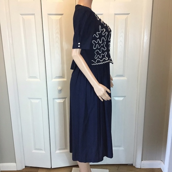 Plaza South Vintage Blue Beaded Short Sleeve Secretary Popover Dress Size 4 - Picture 4 of 8